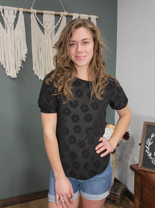 Bombom Black Daisy Embroidered Puff Sleeve Top