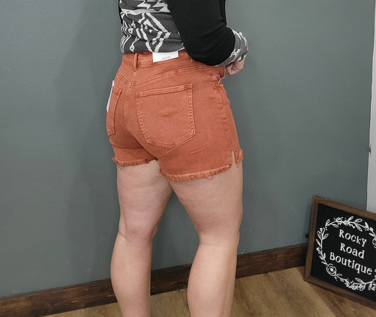 Zenana Burnt Orange Frayed Hem High Rise Shorts