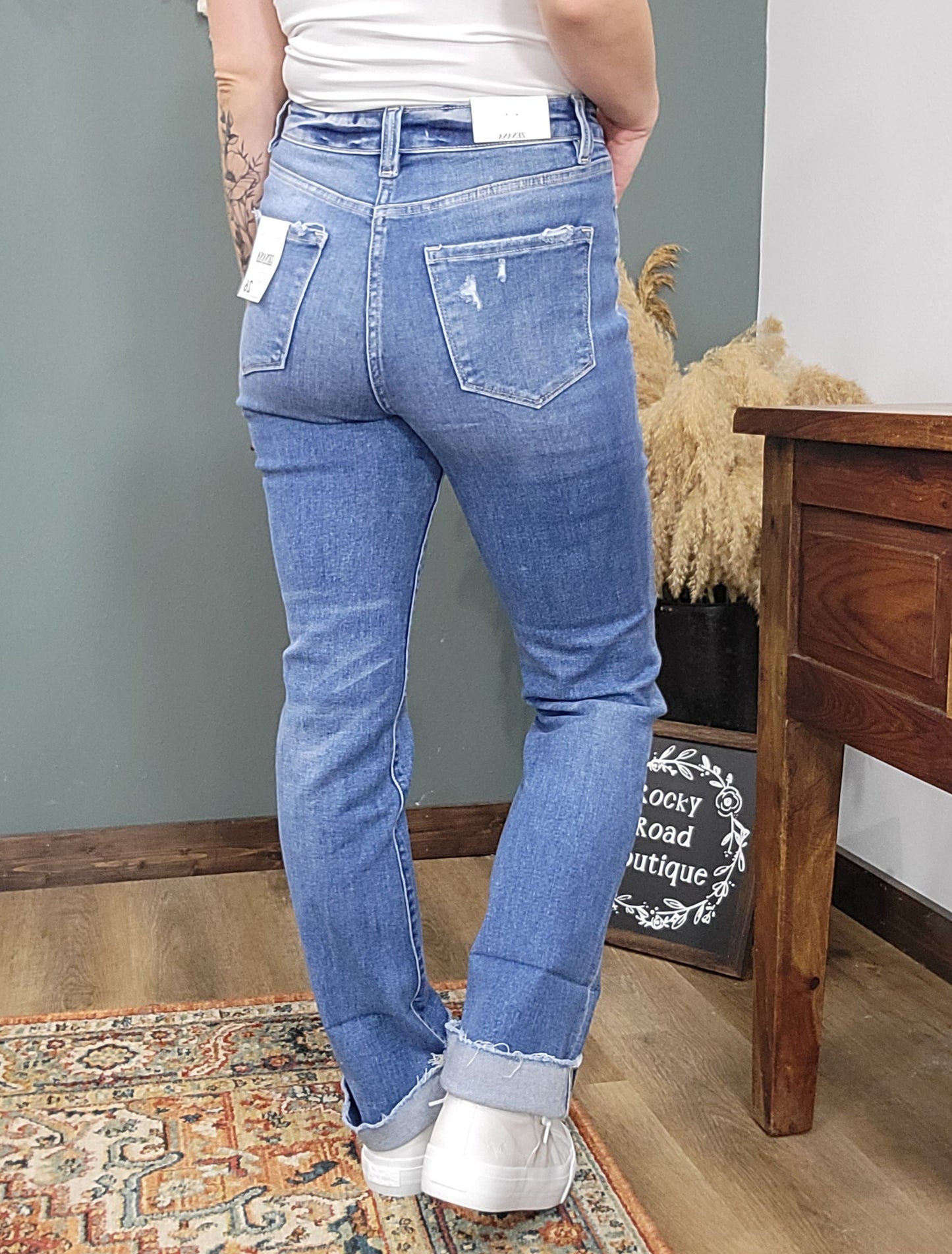 Zenana Light Wash Cuffed Straight Fit Jeans