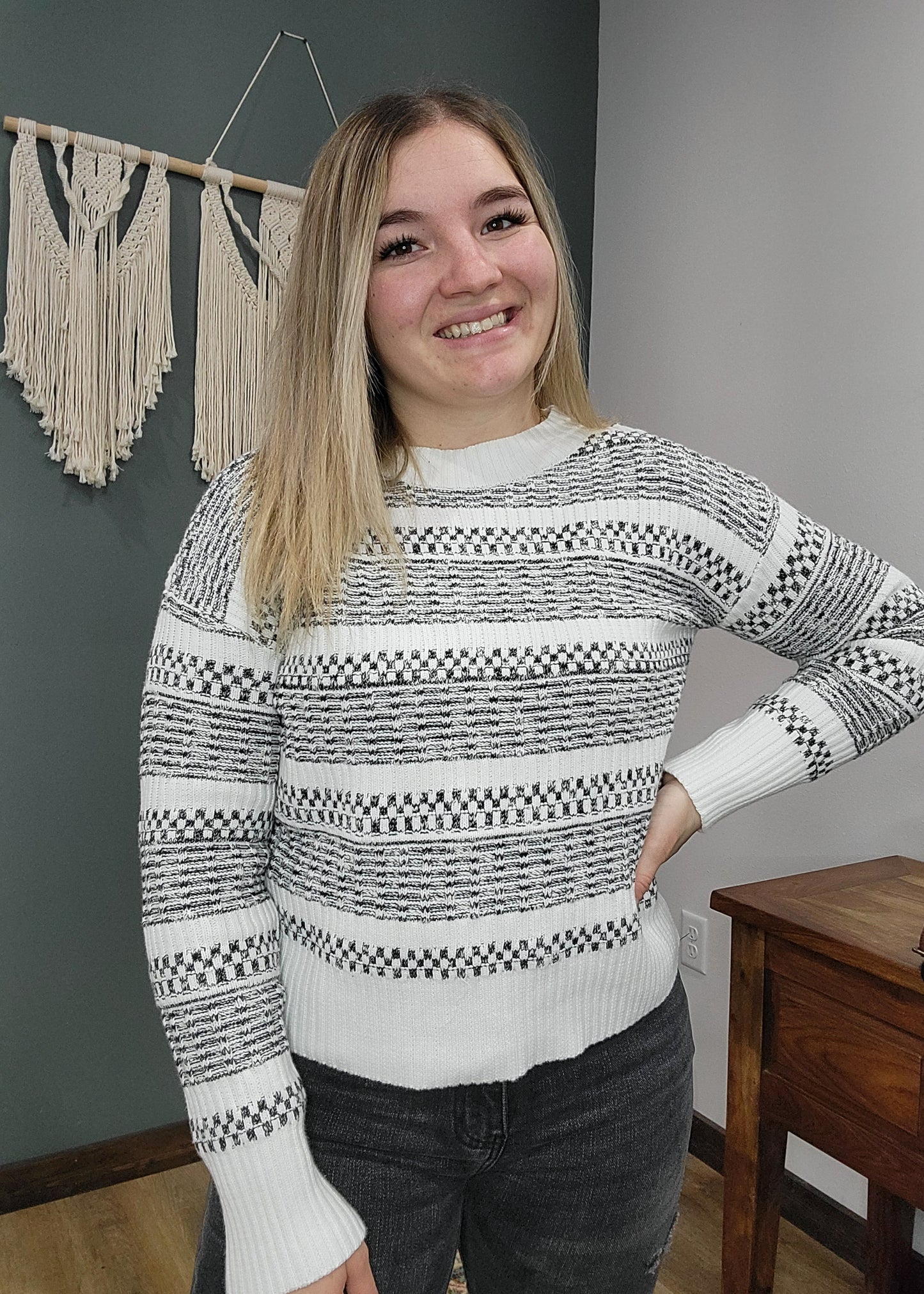 Black & White Striped Knit Hem & Thread Sweater