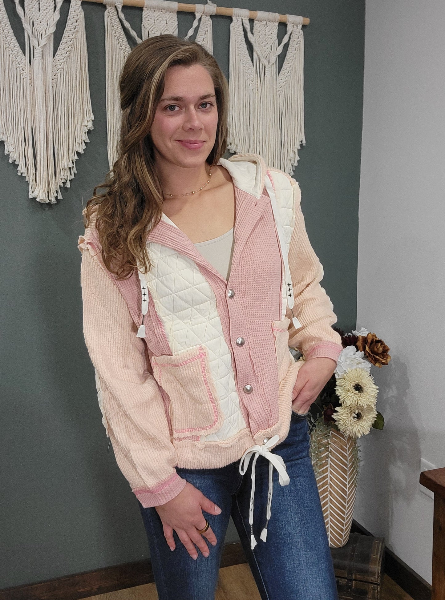 POL Quilted Boho Hooded Jacket - Pink