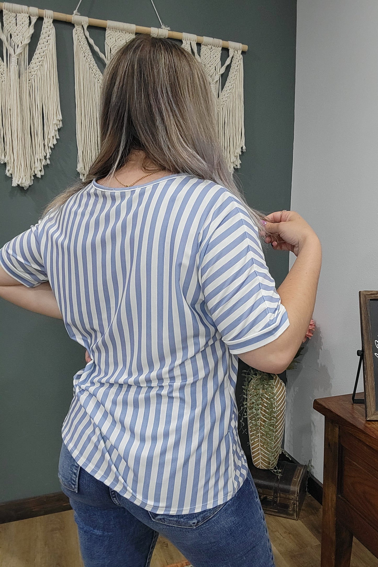 BomBom Blue Striped V-Neck Top