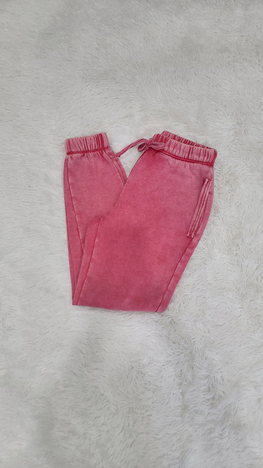 Zenana Acid Wash Sweatpants-Red