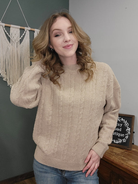 ComfyLuxe Cable Knit Crew Neck Sweater / Beige