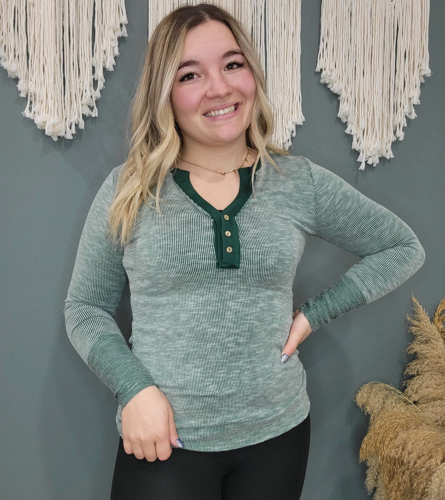 Green Fitted Ribbed Long Sleeve Top