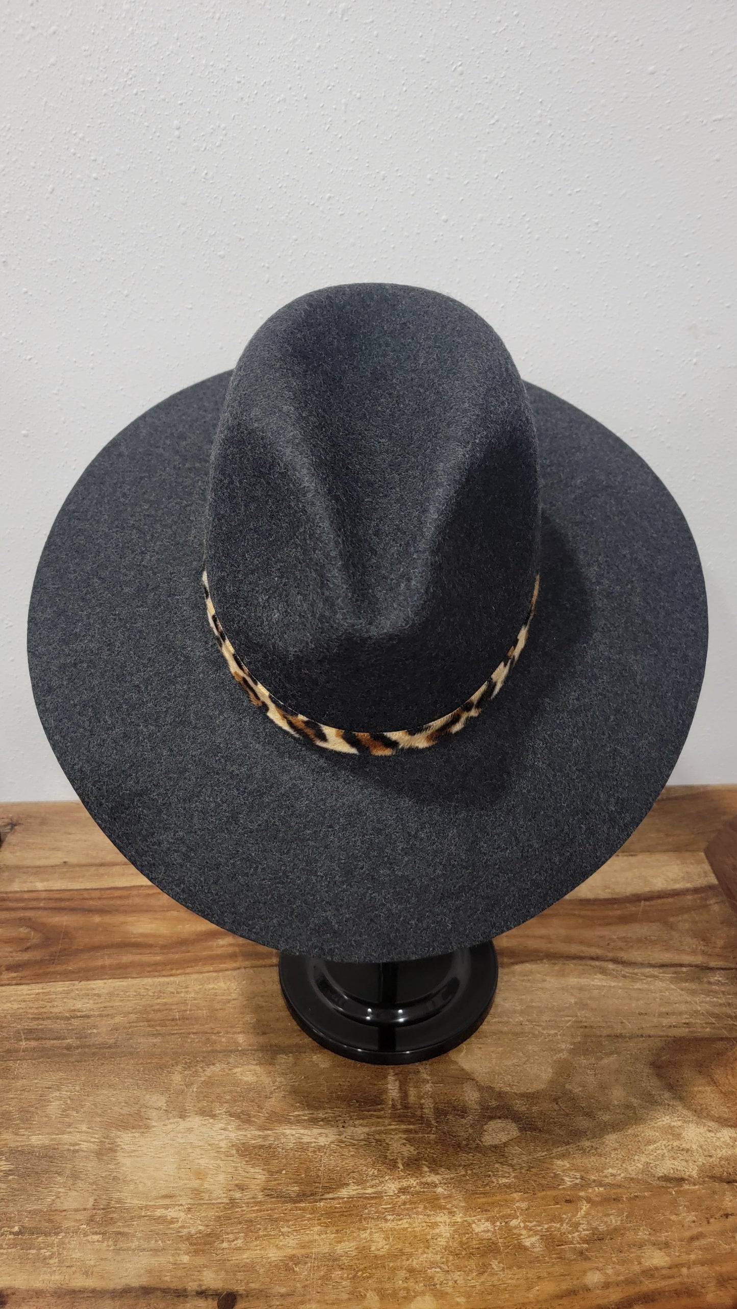 CC Beanie Fedora Hat - Heather Dk Grey w/Leopard Print Band