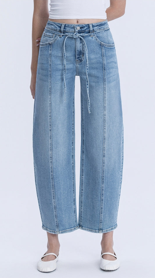 Lovervet High Rise Tie Waist Barrel Leg Jean