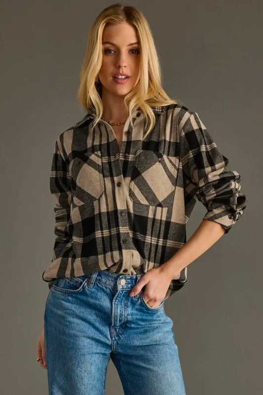 Panache Soft Button Up - Tan & Black Plaid