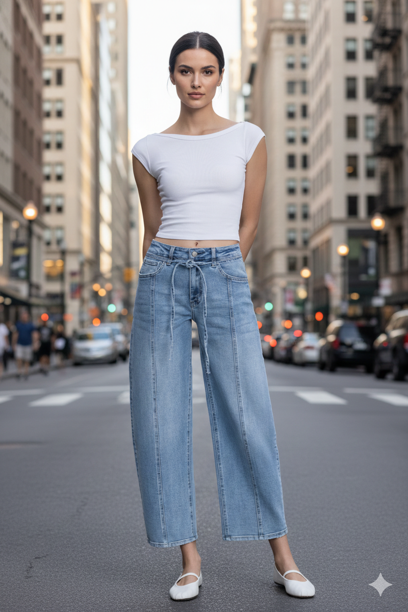 Lovervet High Rise Tie Waist Barrel Leg Jean