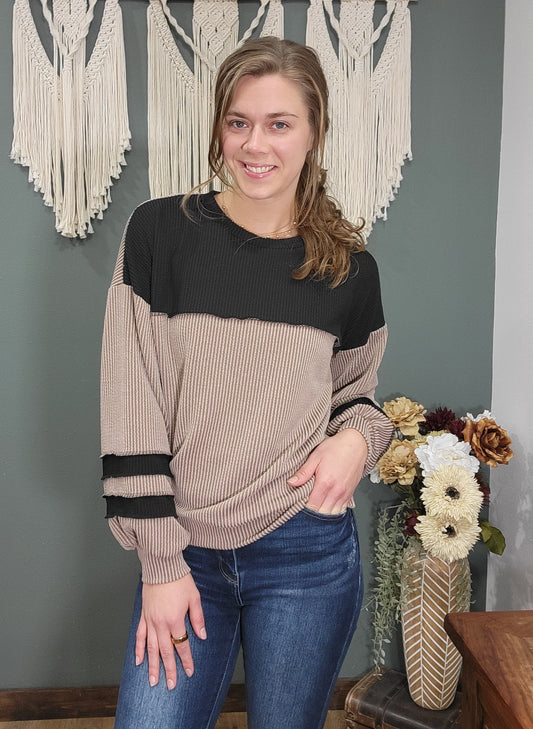Lovely Melody Ribbed Tan and Black Long Sleeve