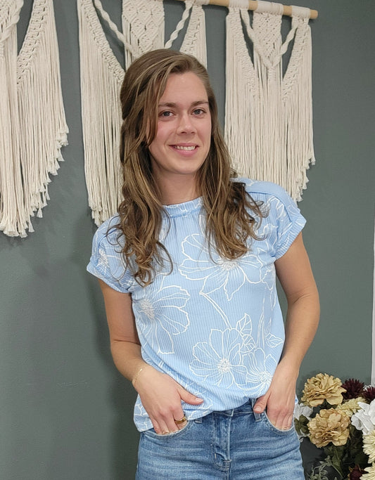 Bombom Light Blue Floral Cap Sleeve Top