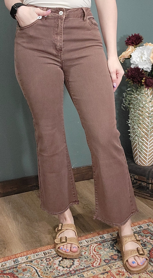 Zenana Acid Washed Kick Flare Denim Jean - Brown