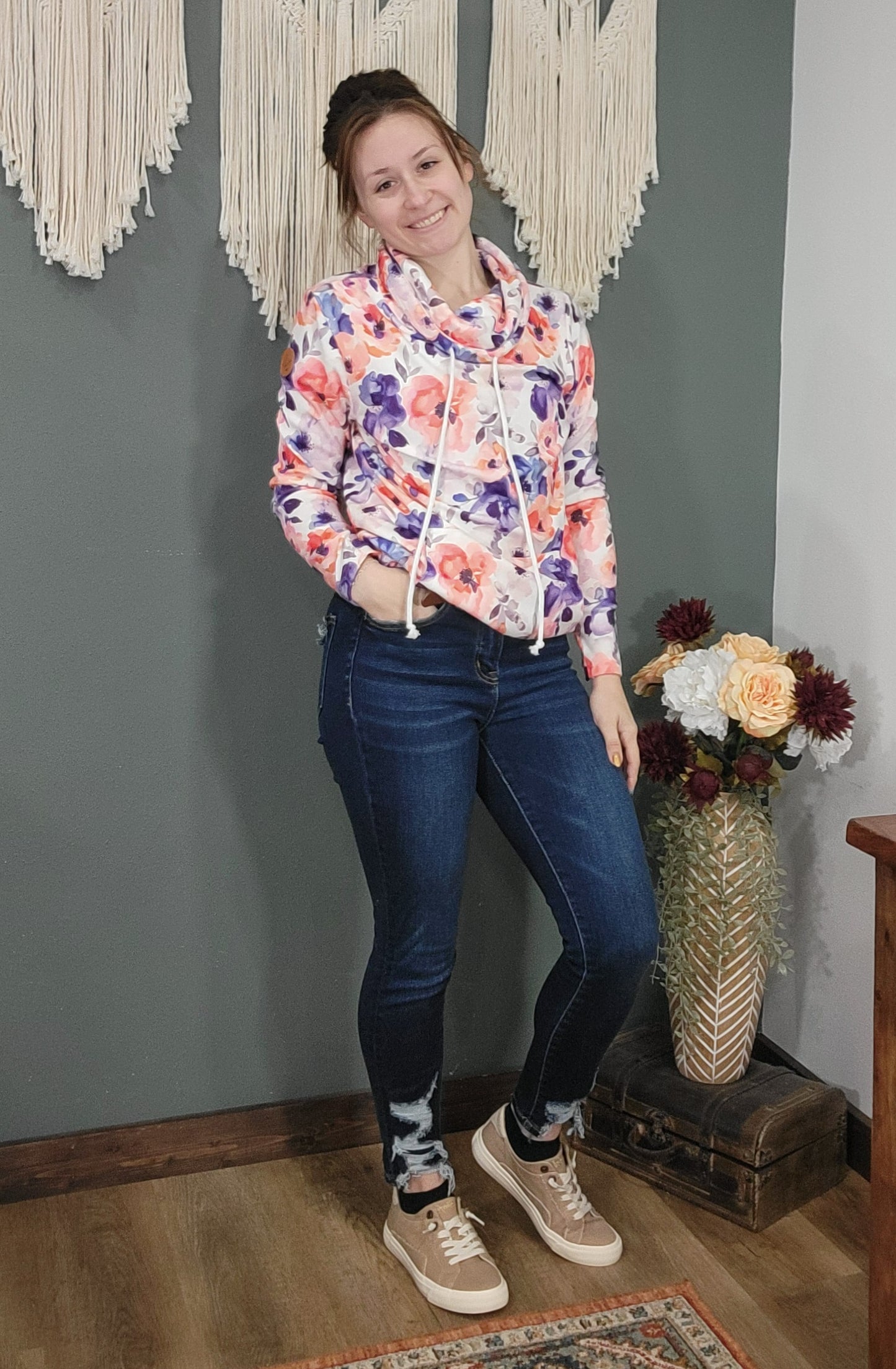 Michelle Mae Pink-Purple Floral Cowlneck Sweatershirt