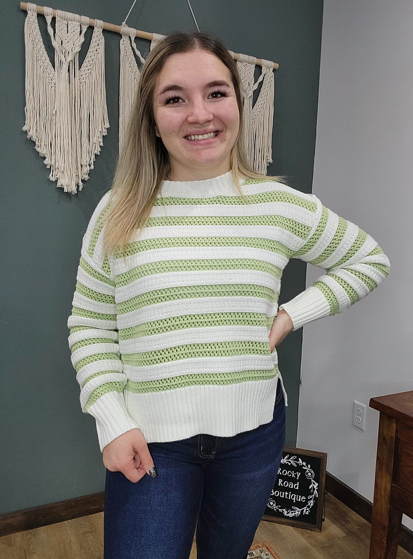 Green/Ivory Striped Knit Sweater