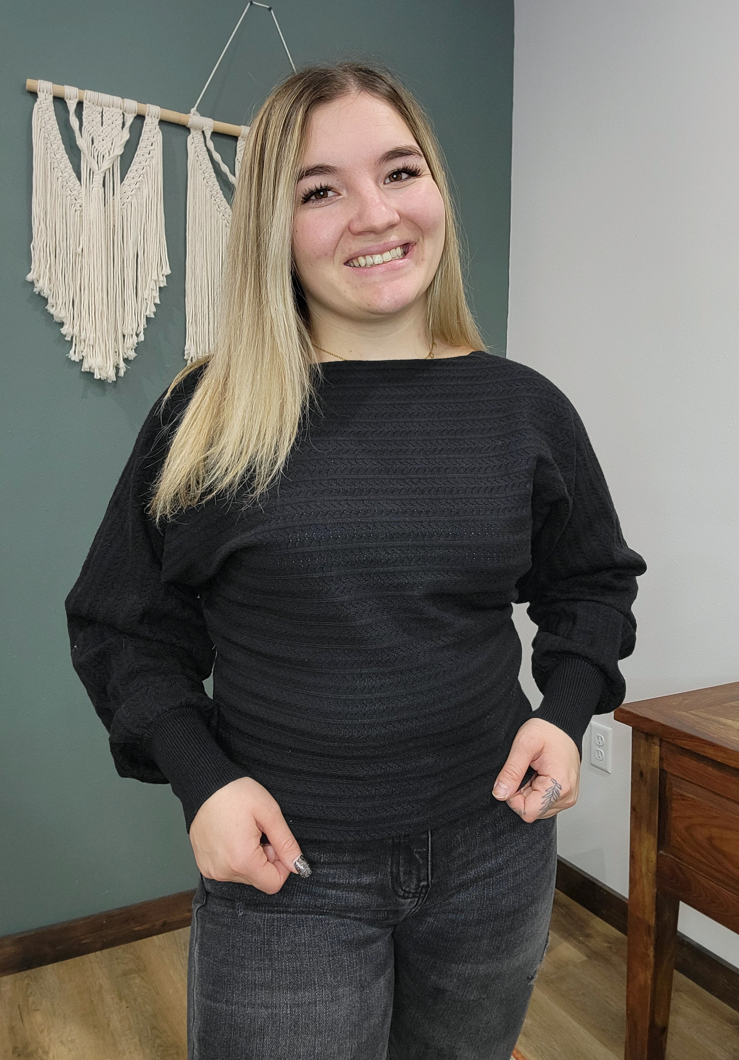 Black Ribbed Slouch Knit Sweater Rocky Road Boutique