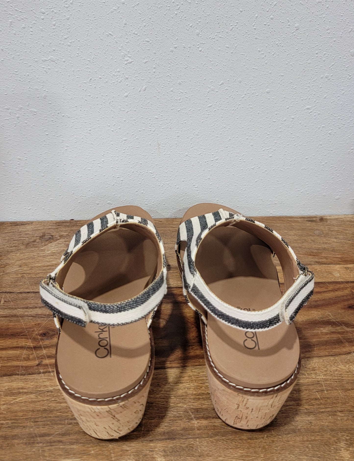 Corkys Carley Black Natural Stripe Wedge Sandal