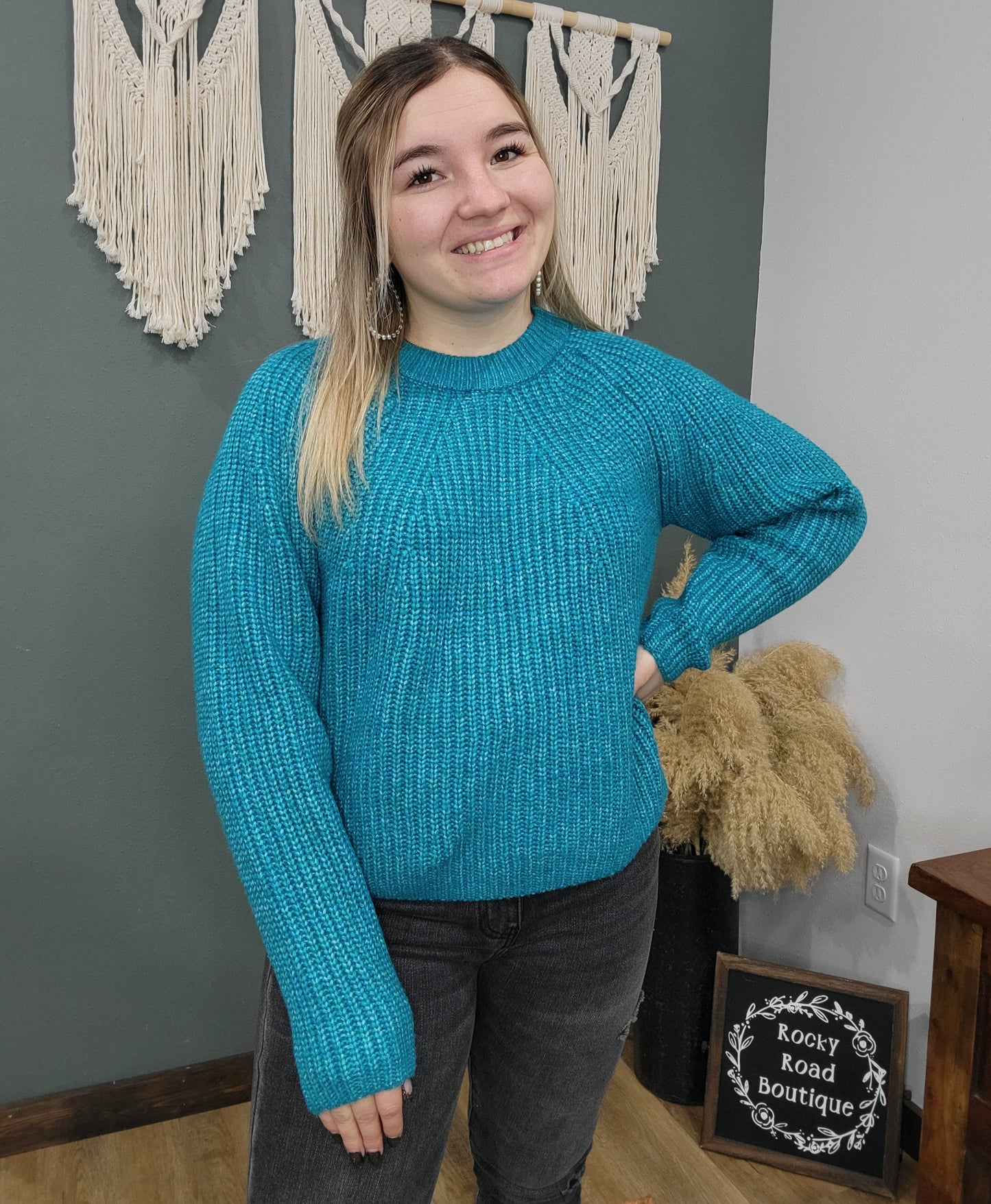 Zenana Teal Blue Knit Sweater