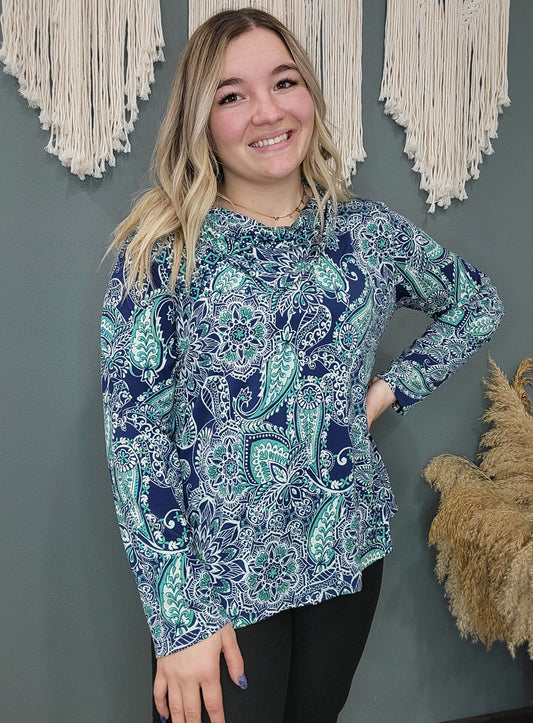 Southern Lady Blue Paisley Cowl Neck Blouse