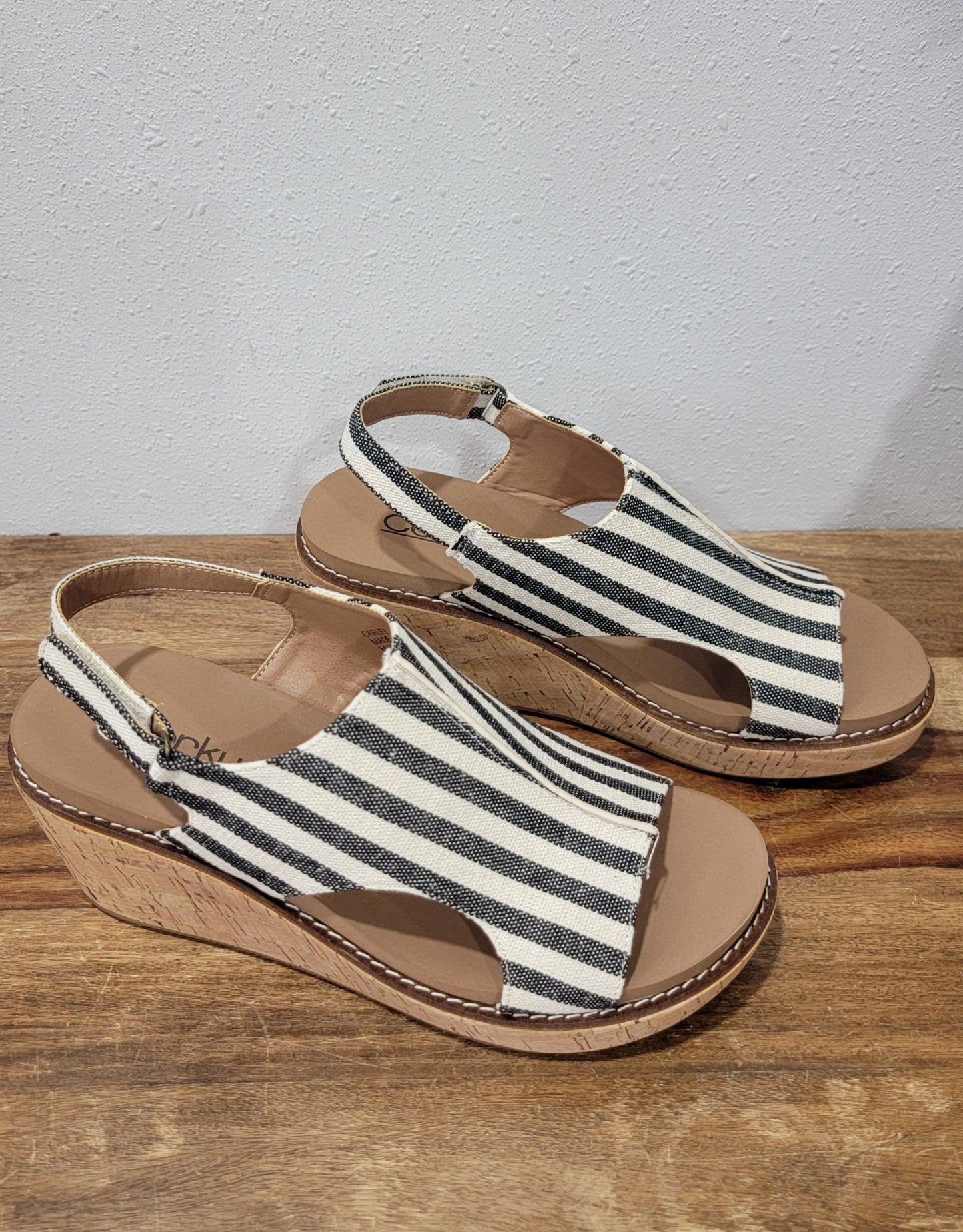 Corkys Carley Black Natural Stripe Wedge Sandal