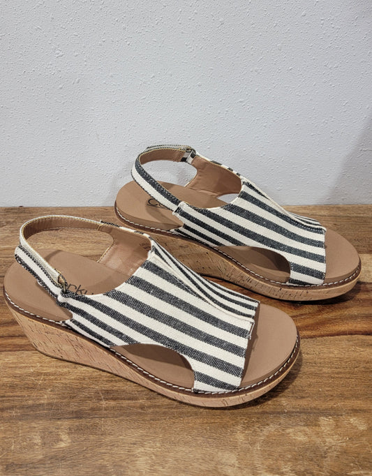 Corkys Carley Black Natural Stripe Wedge Sandal
