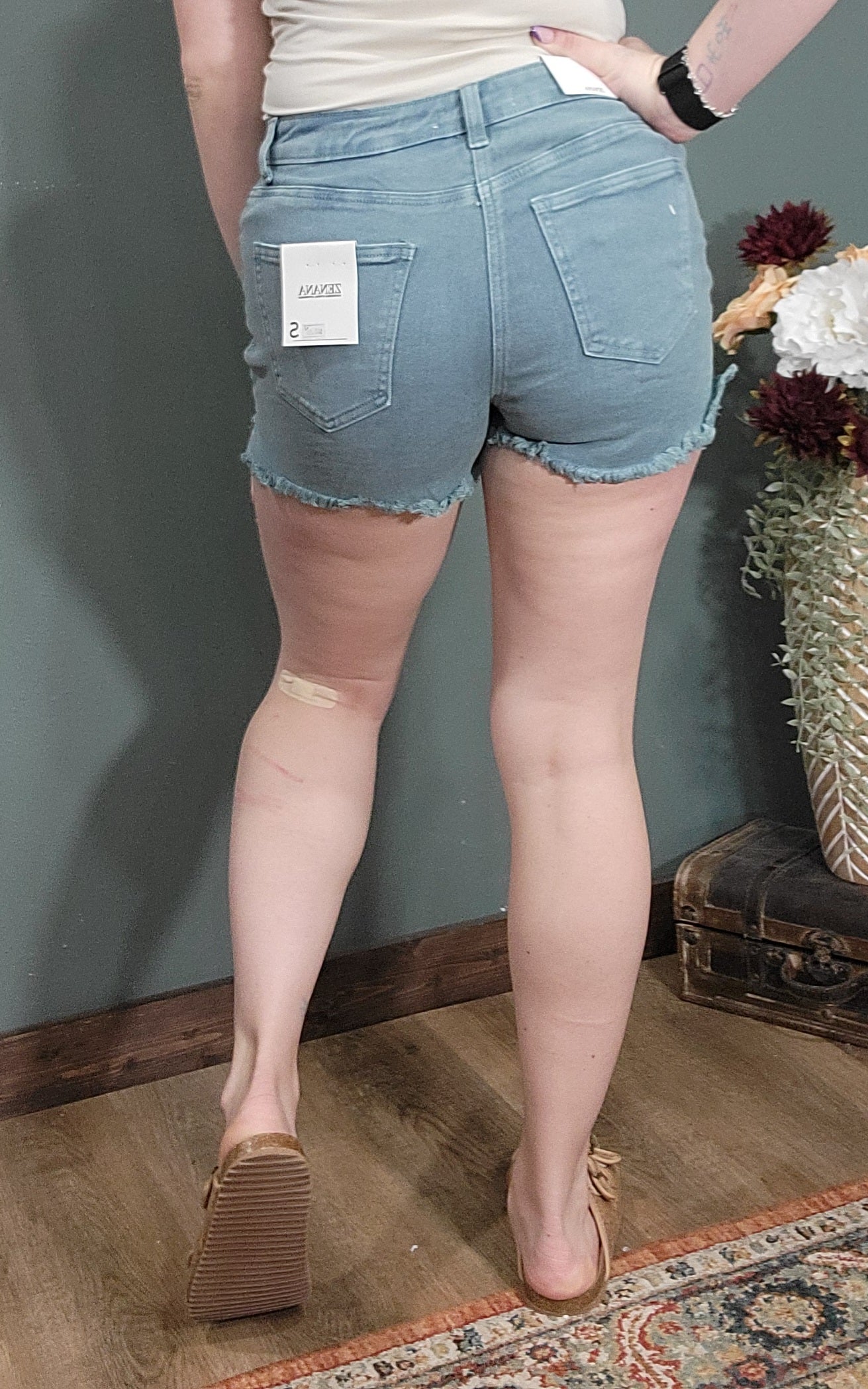 Zenana Acid Washed Denim Cutoff Shorts - Teal