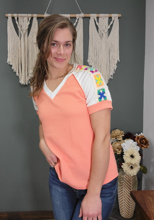 Lovely Melody Coral Top w/ Crochet Embellished Shoulders