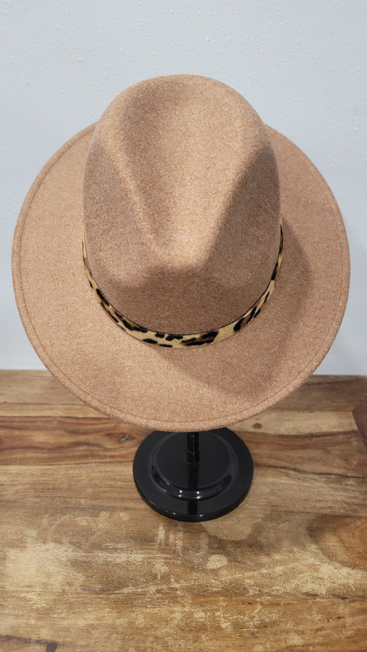 CC Beanie Fedora Hat - Heather Golden Camel w/Leopard Print Band