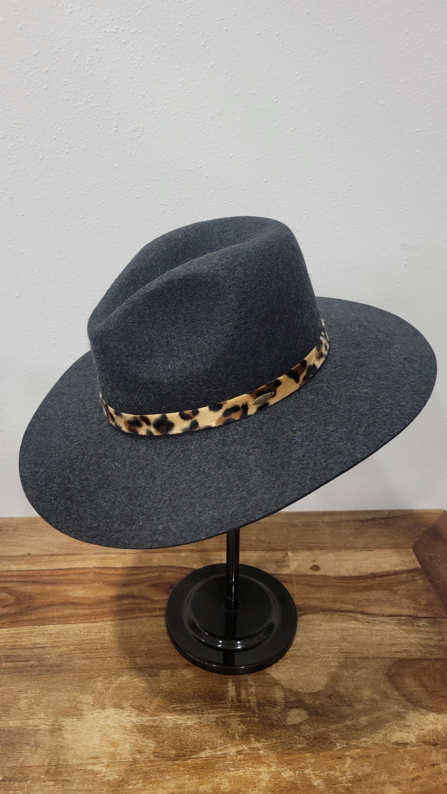 CC Beanie Fedora Hat - Heather Dk Grey w/Leopard Print Band