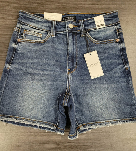 High Rise Dark Wash Denim Shorts-Longer Inseam