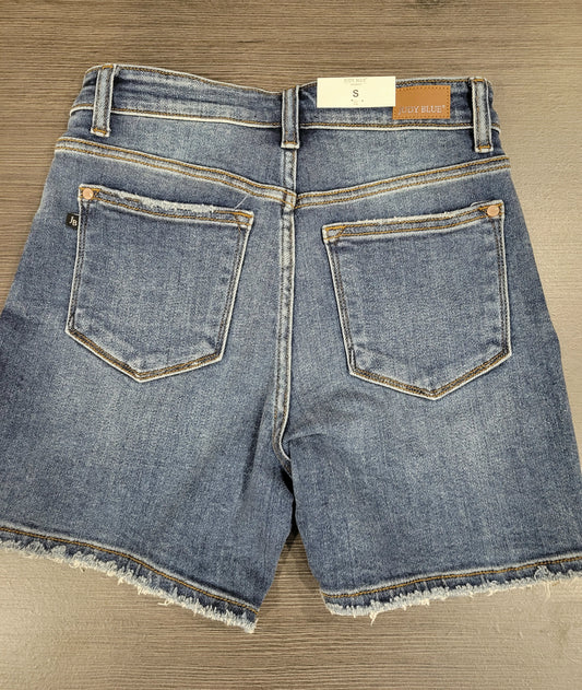 High Rise Dark Wash Denim Shorts-Longer Inseam