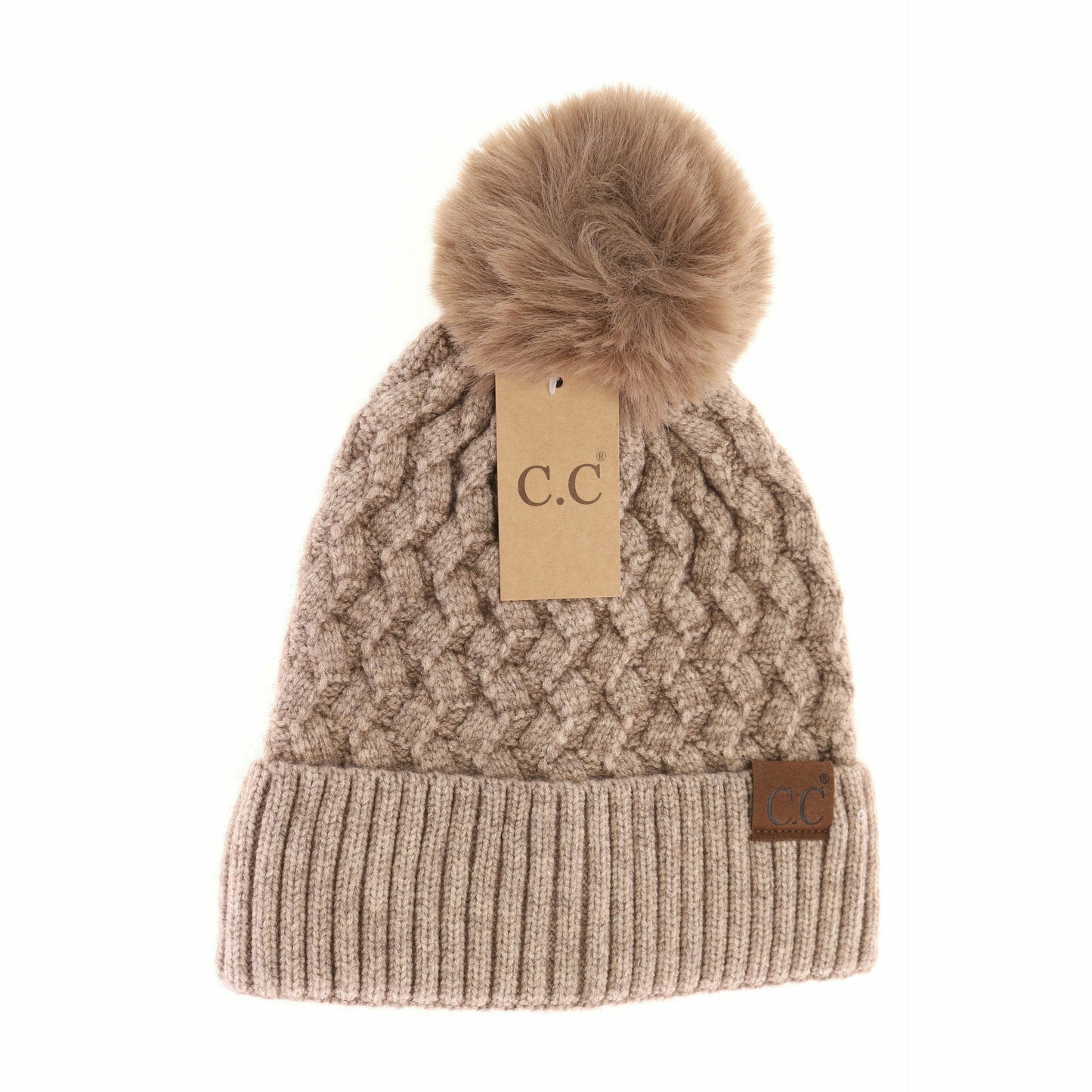 CC Adult Woven Cable Knit Cuffed Matching Fur Pom Beanie