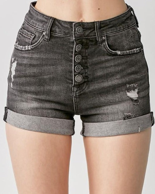 Grey Wash Distressed Button Fly Roll Up Shorts