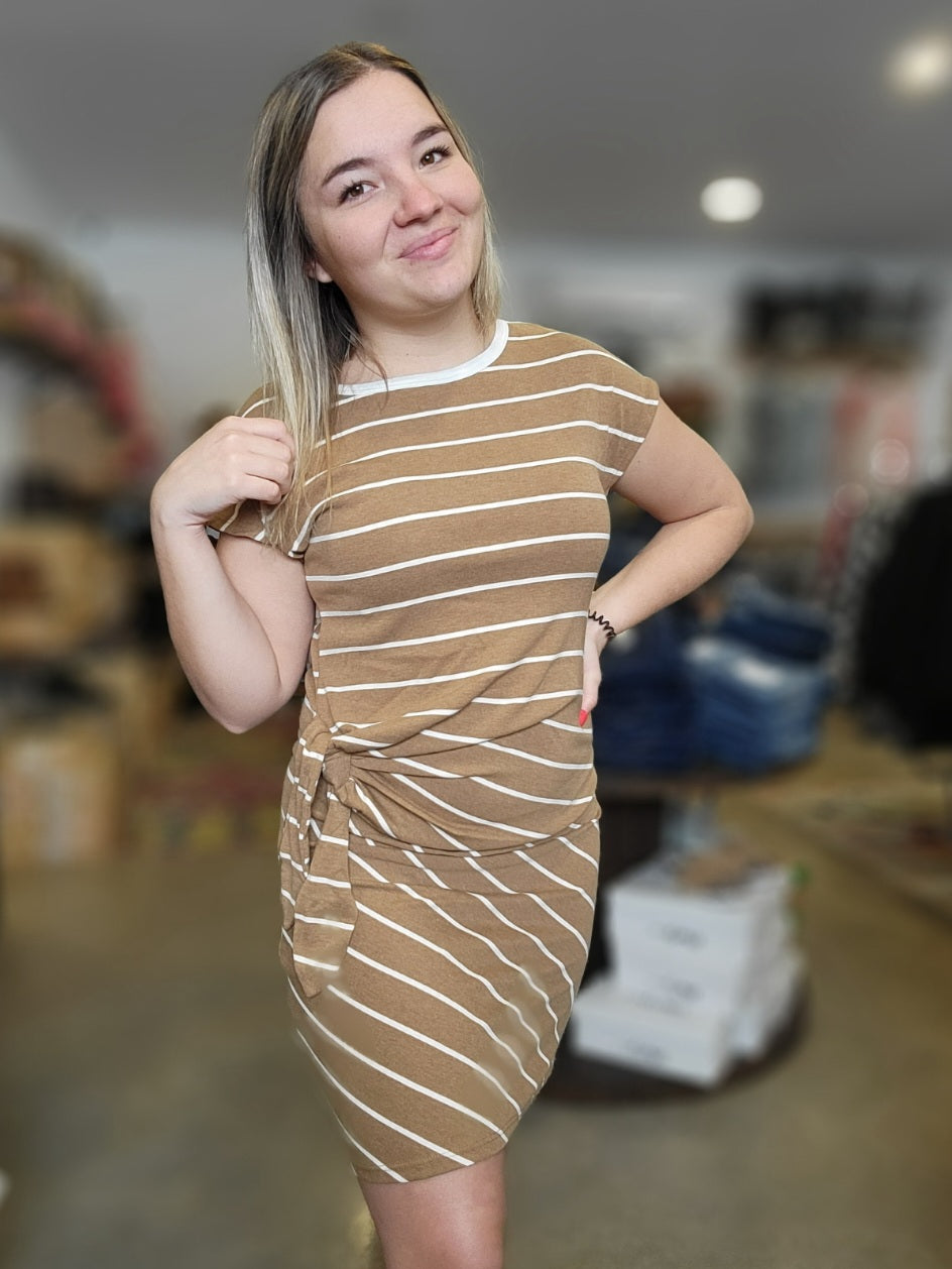 Coffee Striped Side Tie Dress