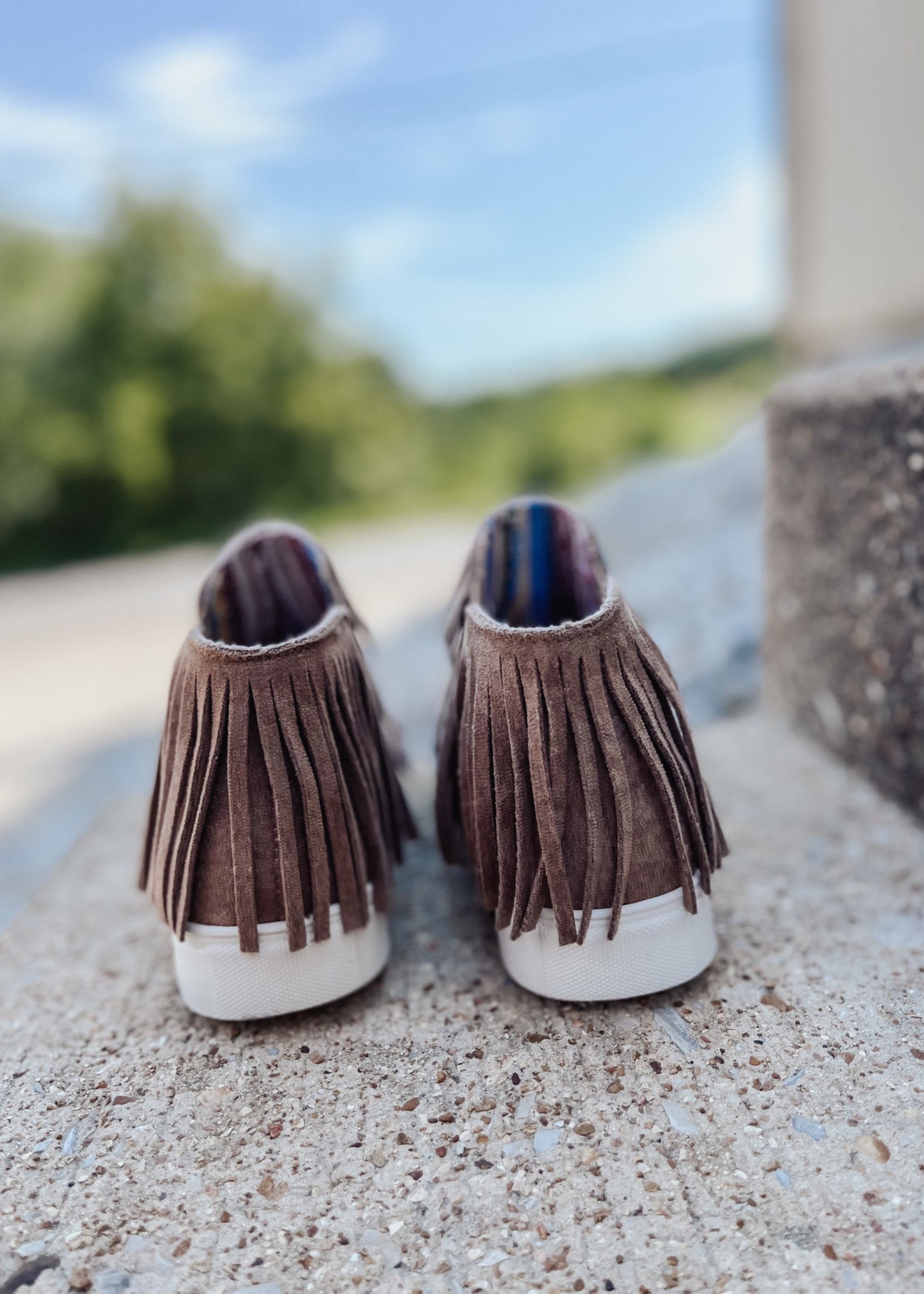 Very G Taupe Fringe Me Up Slip Ons